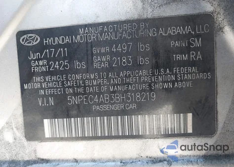 2011 Hyundai Sonata Se 2.0T z USA, uszkodzony, nr VIN 5NPEC4AB3BH318219